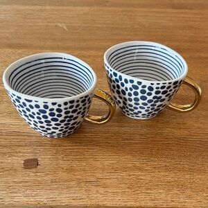 Navy and White Patterned Mugs with Gold Handle